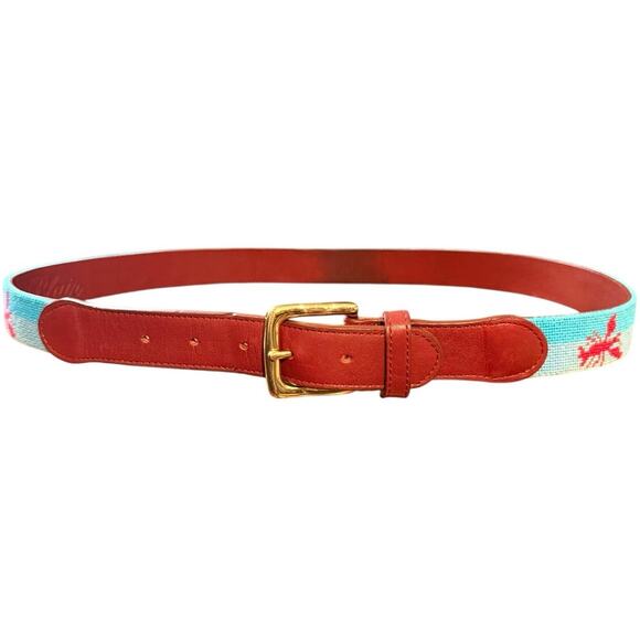 Tucker Blair Lobster Needlepoint Belt Blue Leather Brass Buckle Men's Size 34